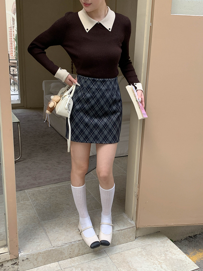 配色ポロ襟クラシカルリブニットトップス