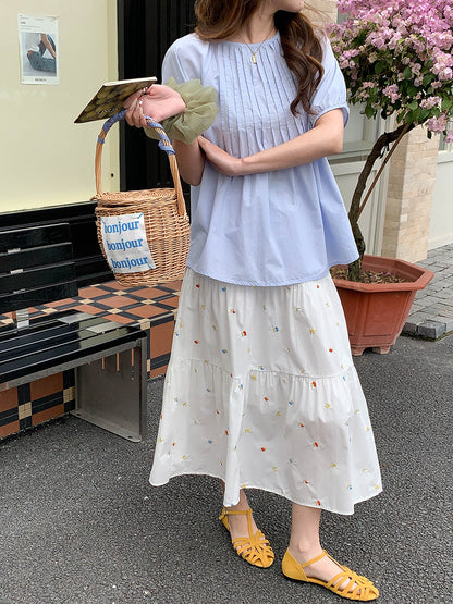 ピンタックパフスリーブコットンブラウス