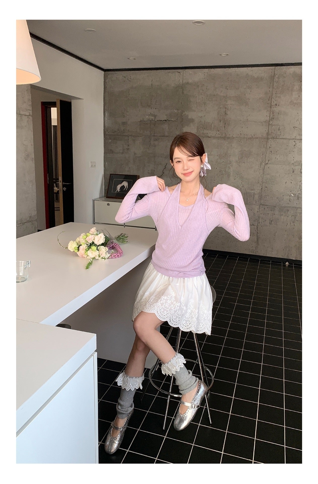 フェイクレイヤードホルターネックリブニット