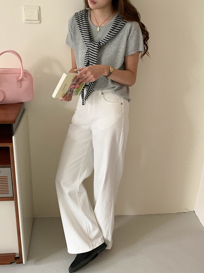 ボーダー柄ショール付き半袖ニット
