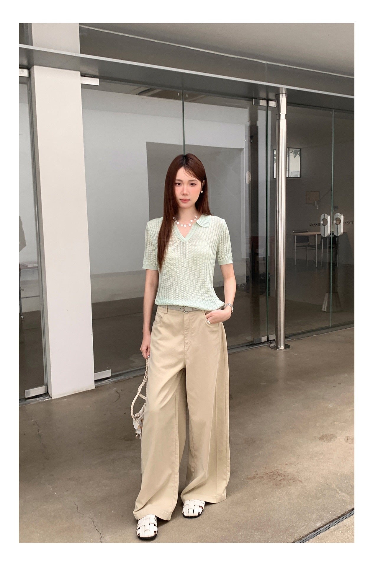 ハイウエストコットンワイドストレートパンツ
