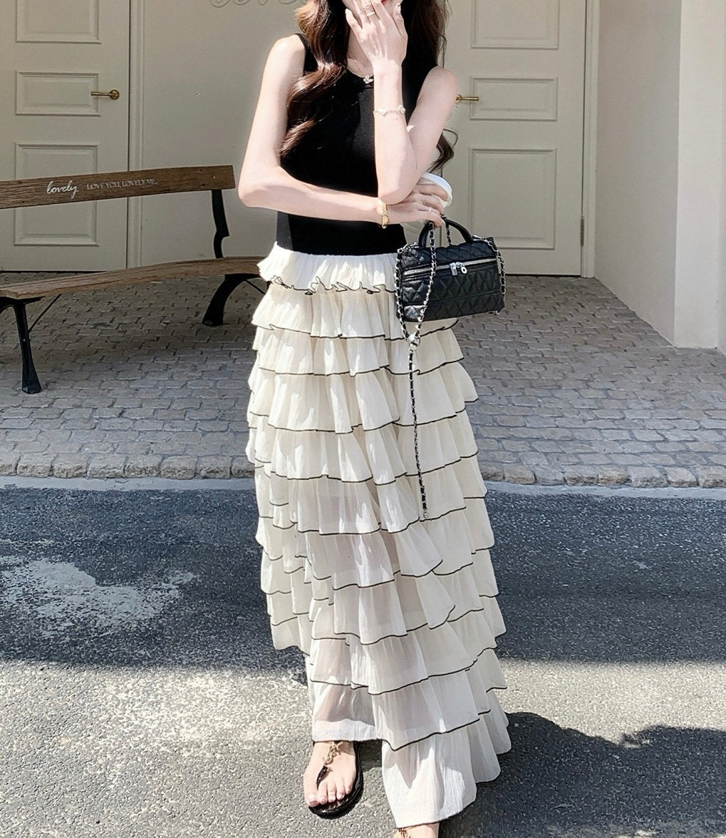 配色ティアードチュールドッキングワンピース