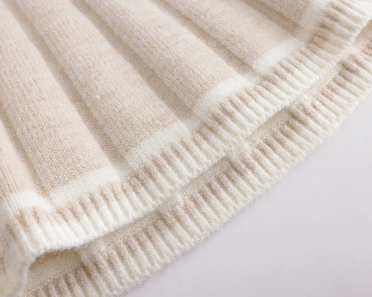 配色シャツ衿刺繍ニットカーディガン×プリーツニットスカートセットアップ