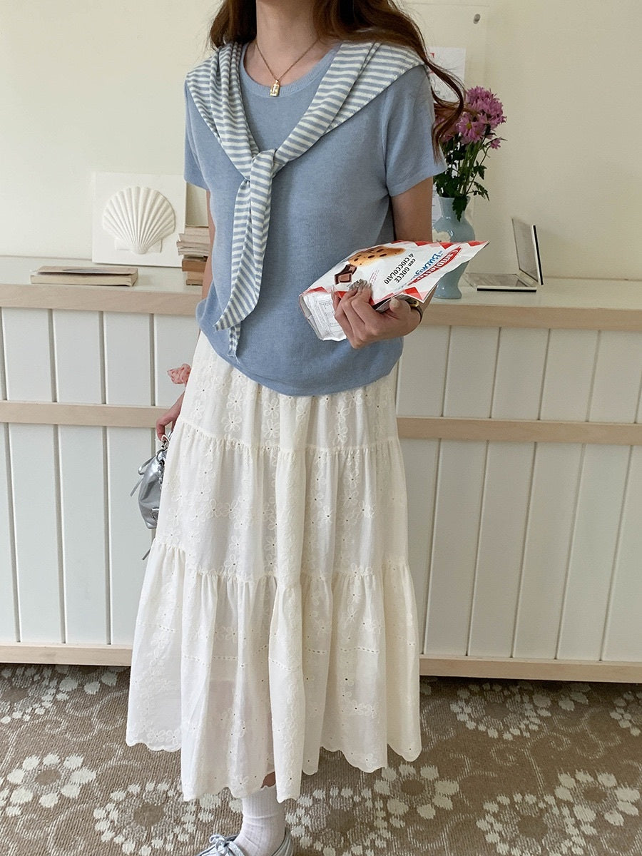 ボーダー柄ショール付き半袖ニット