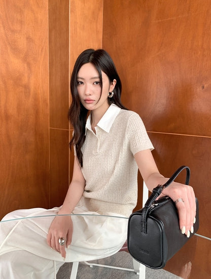 フレンチポロ襟ケーブルサマーニット
