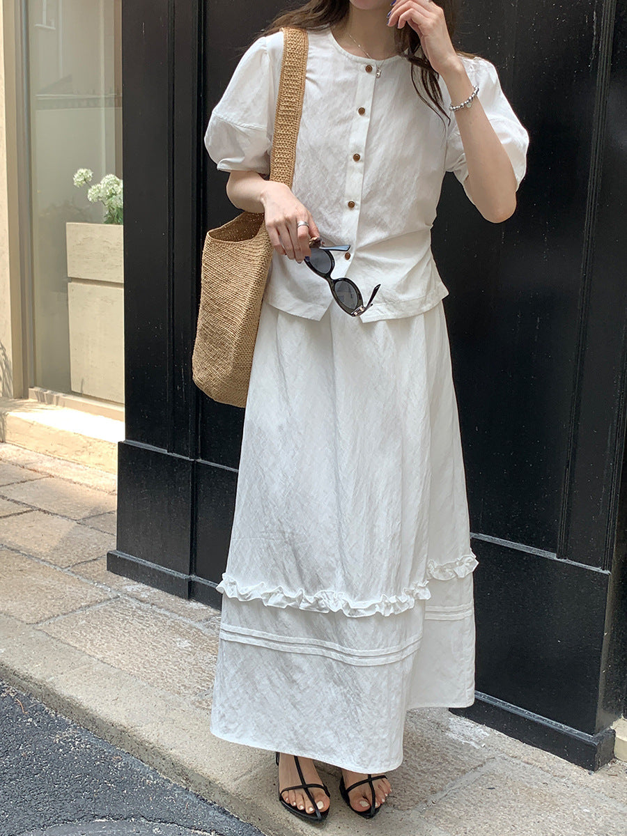 パフスリーブバックリボンブラウス×フリルヘムフレアスカートセットアップ