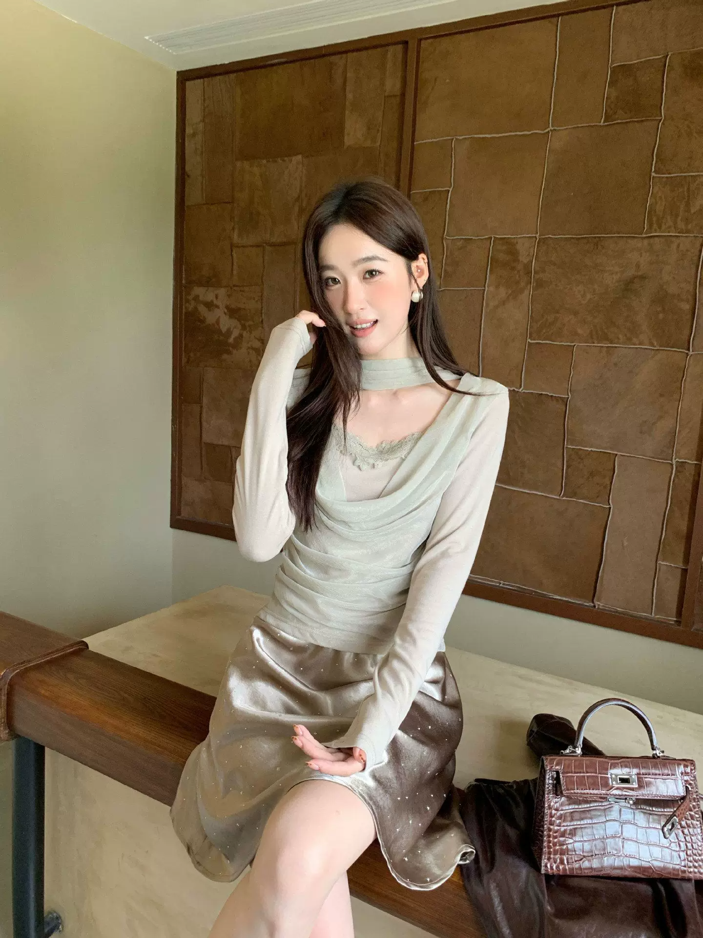 ロングタイ付シアードレープドッキングトップス