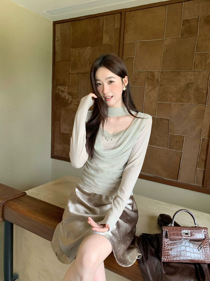 ロングタイ付シアードレープドッキングトップス