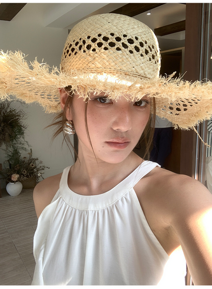 サイドラッフルフリルトップス×ワイドタックパンツセットアップ