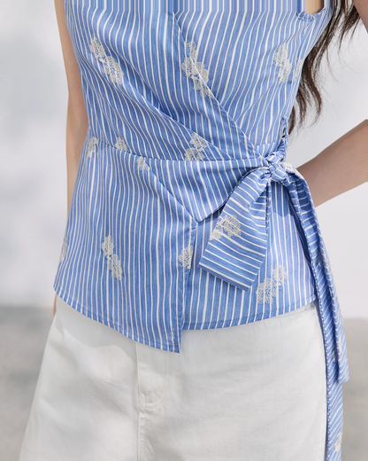 フラワー刺繍ストライプカシュクールブラウス