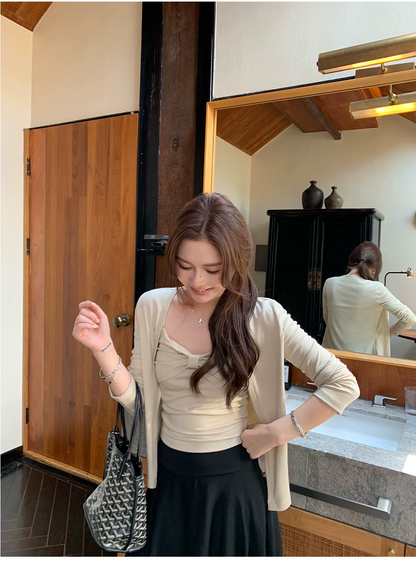 カップ付きフロントリボンキャミソール＆ニットカーディガンセット