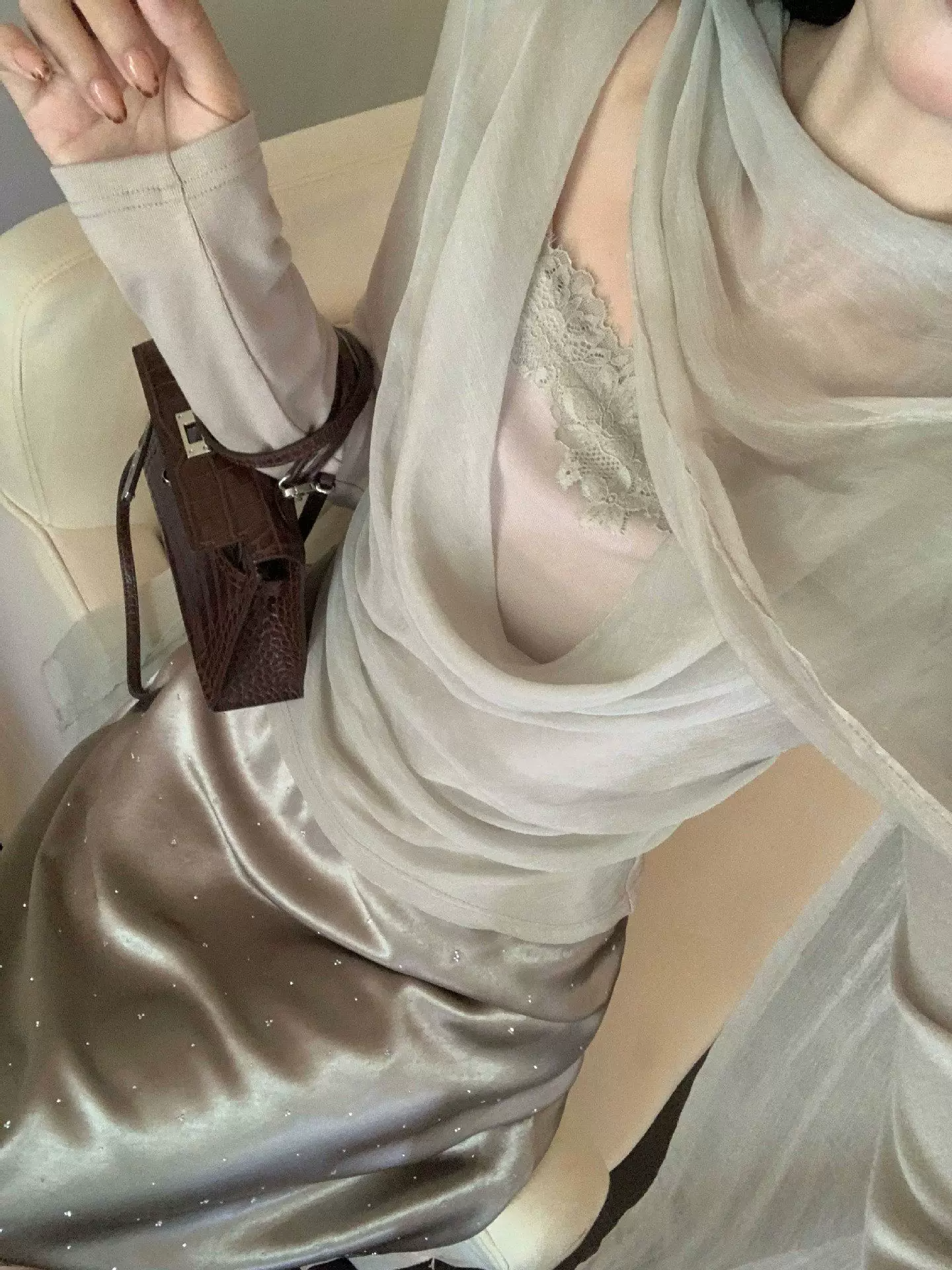 ロングタイ付シアードレープドッキングトップス