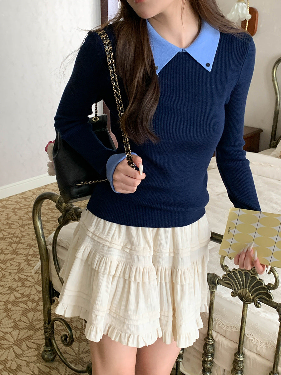 配色ポロ襟クラシカルリブニットトップス