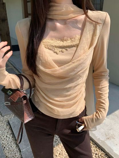 ロングタイ付シアードレープドッキングトップス