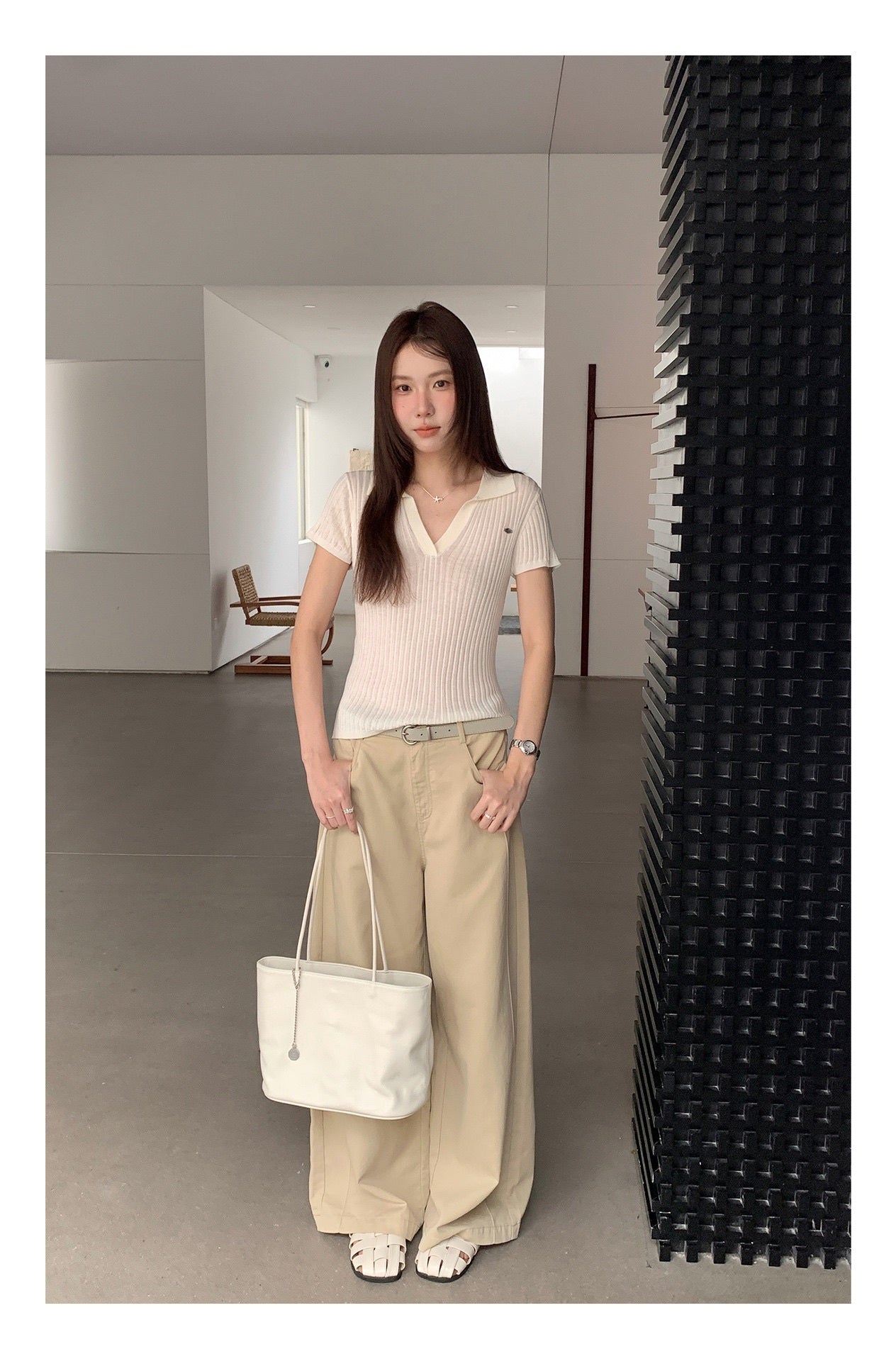 ハイウエストコットンワイドストレートパンツ