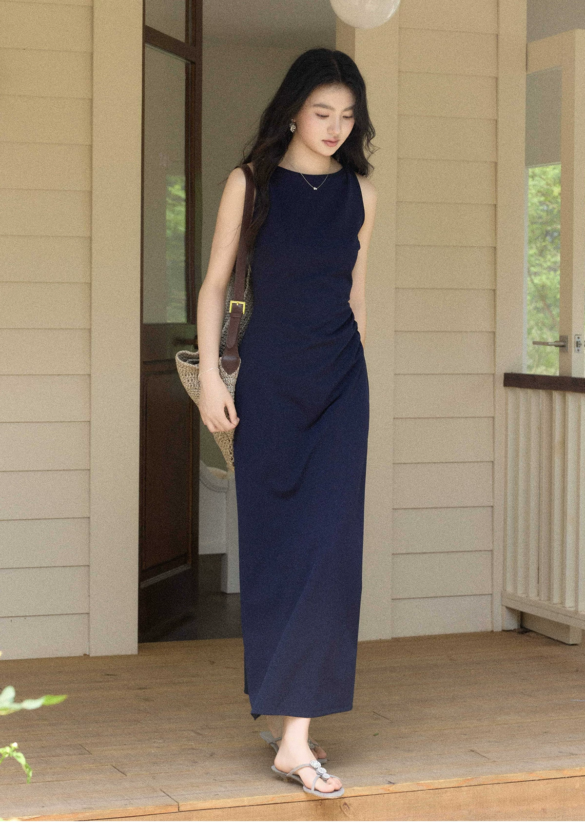 ツイストショルダーバックリボンミニマルワンピース
