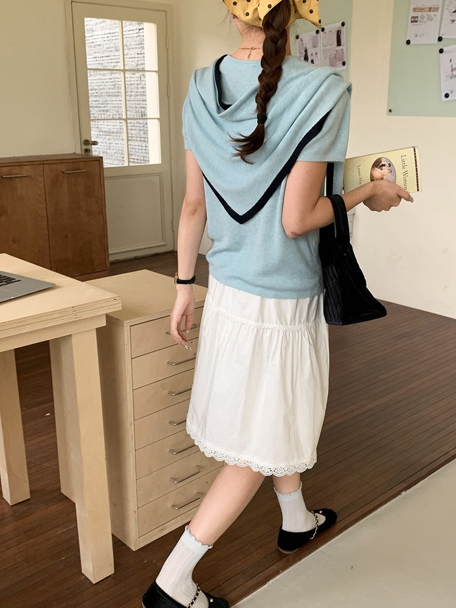 ライン配色ショール付き半袖ニットトップス