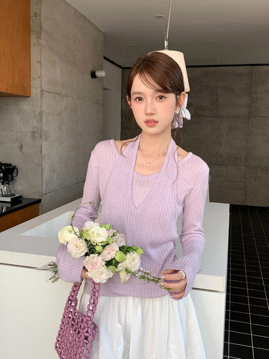 フェイクレイヤードホルターネックリブニット