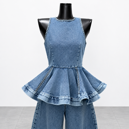 デニムペプラムトップス×カーブスリットデニムパンツセットアップ