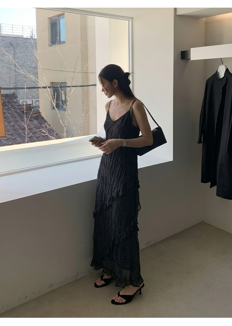 ドットシフォンアシンメトリーフリルキャミワンピース