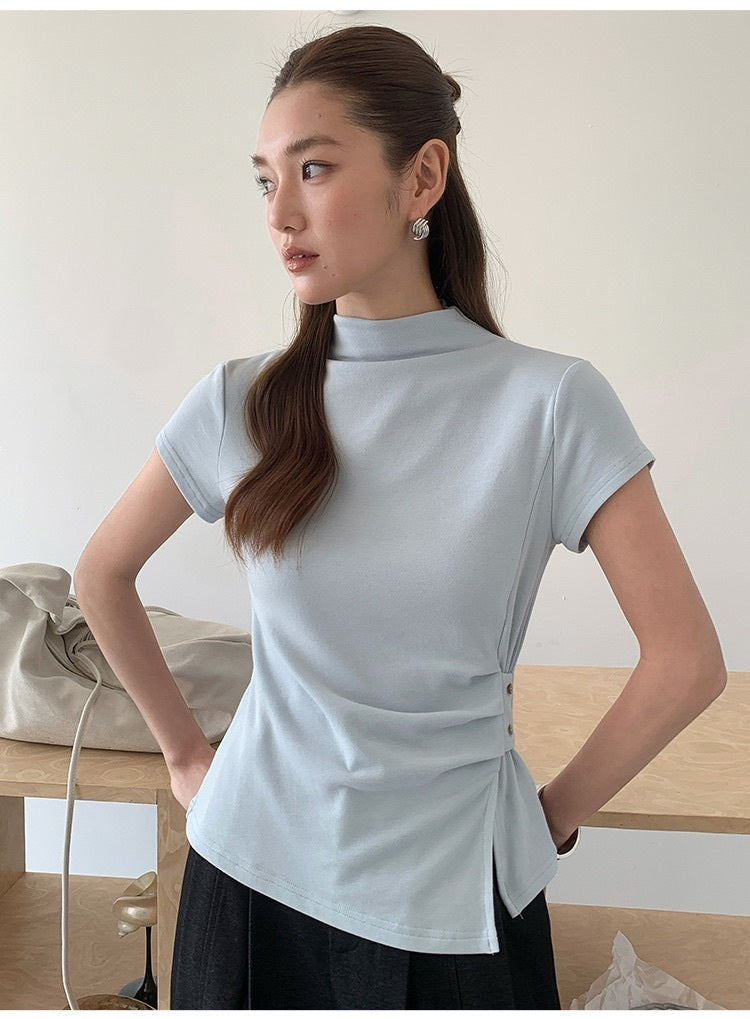 サイドボタンウエストシェイプニットトップス 5color