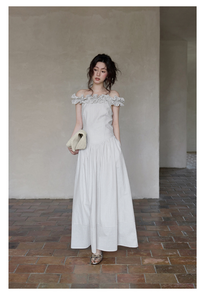 2wayフリルショルダーストライプコットンワンピース