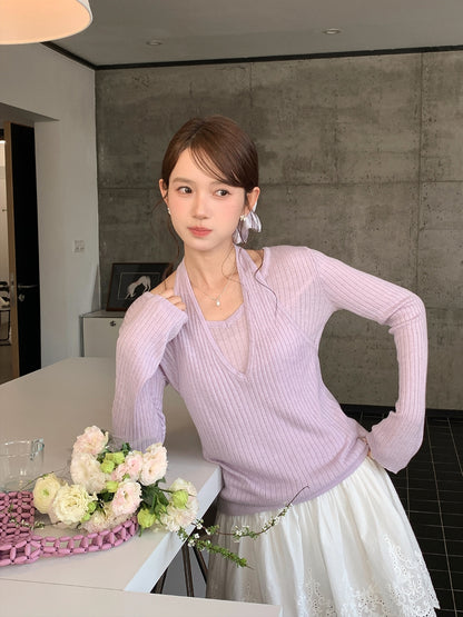 フェイクレイヤードホルターネックリブニット