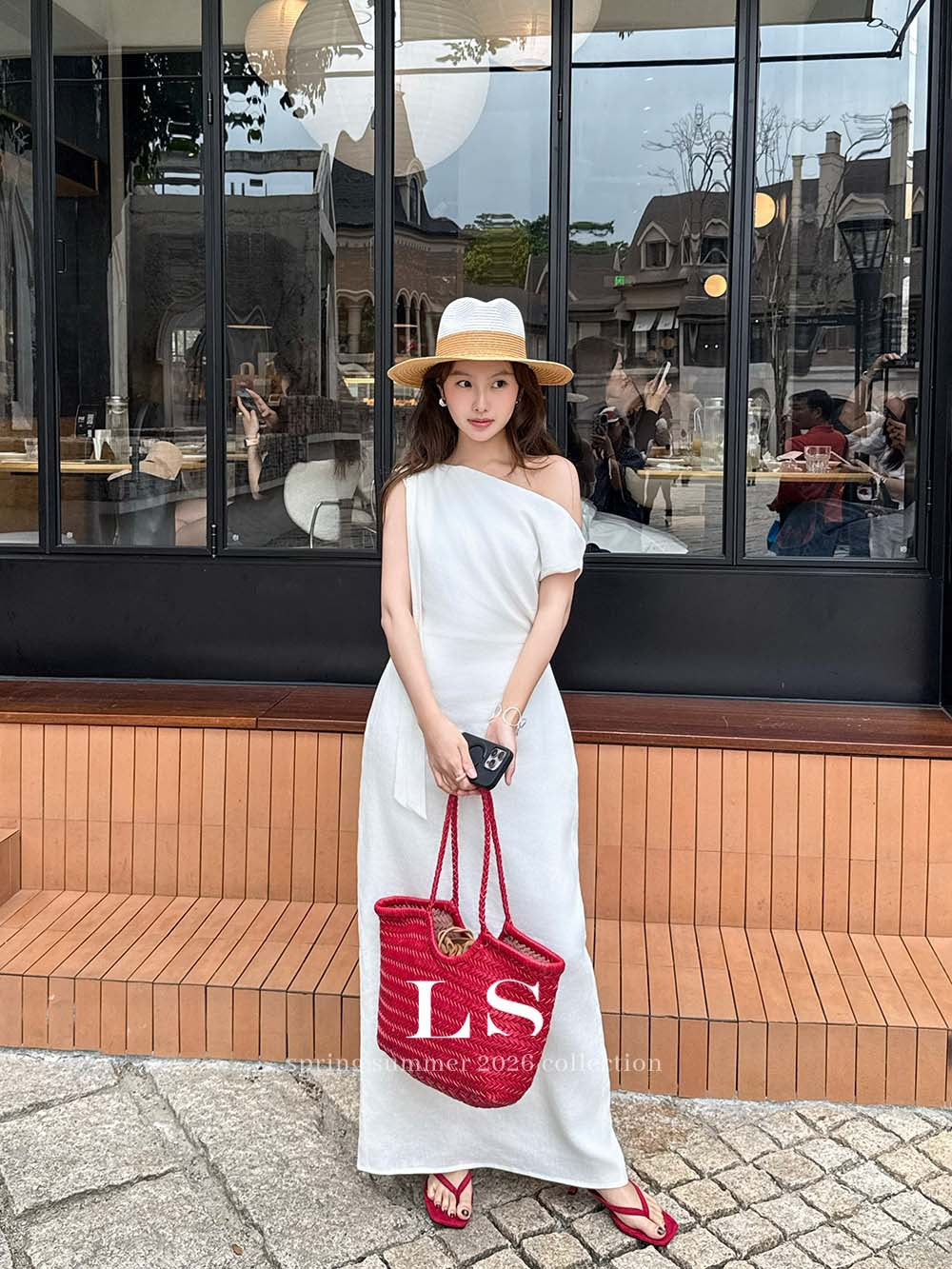 ワンショルダーリボンリネンワンピース