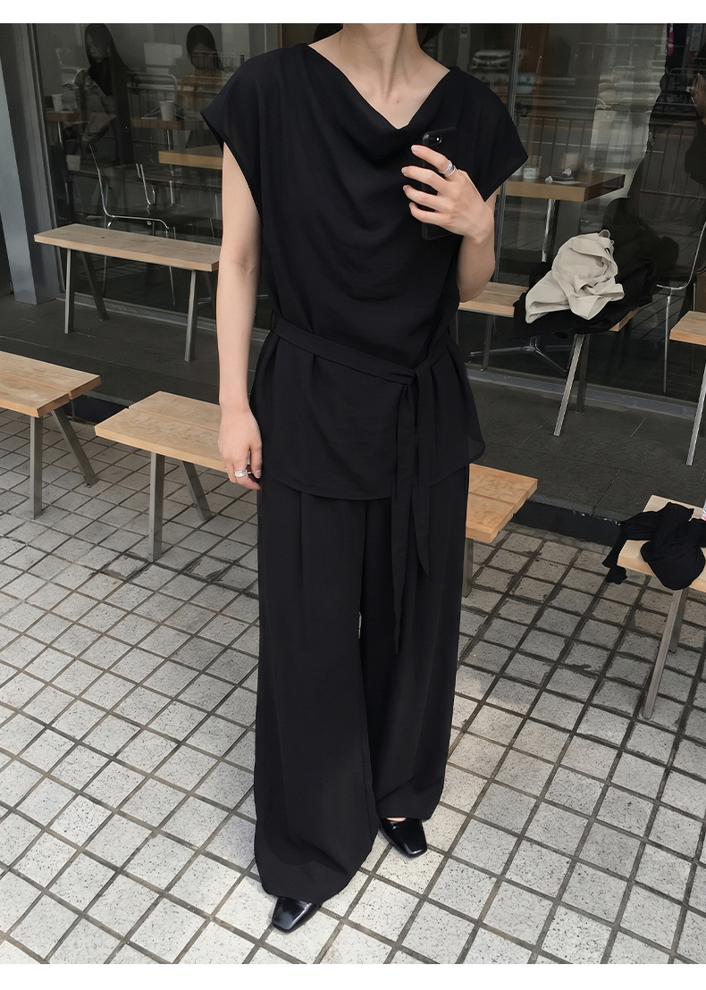 ウエストリボンシアードレープブラウス×ワイドパンツセットアップ