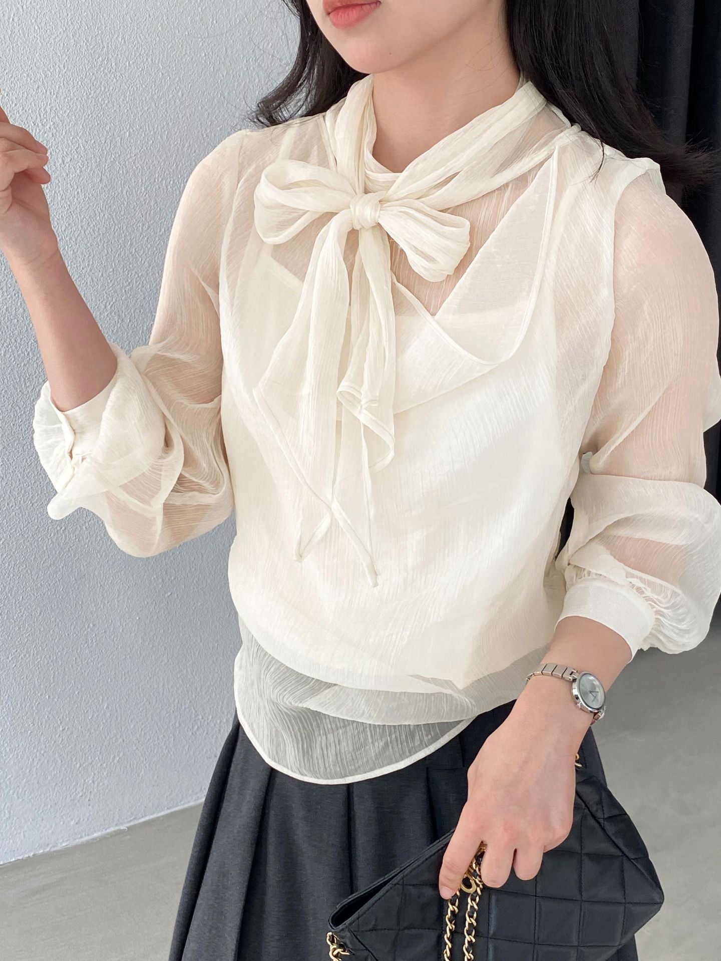 スカーフ付きウエストシャーリングシフォンブラウス