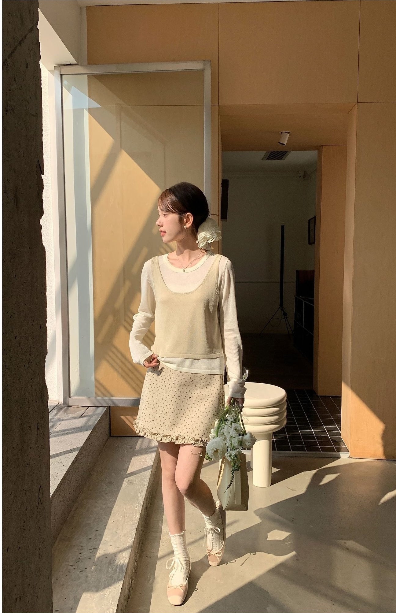 レトロフラワーAラインフリルヘムミニスカート