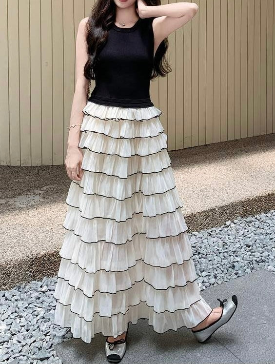 配色ティアードチュールドッキングワンピース