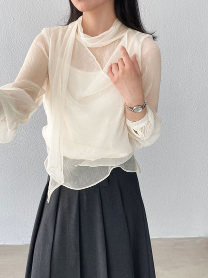 スカーフ付きウエストシャーリングシフォンブラウス