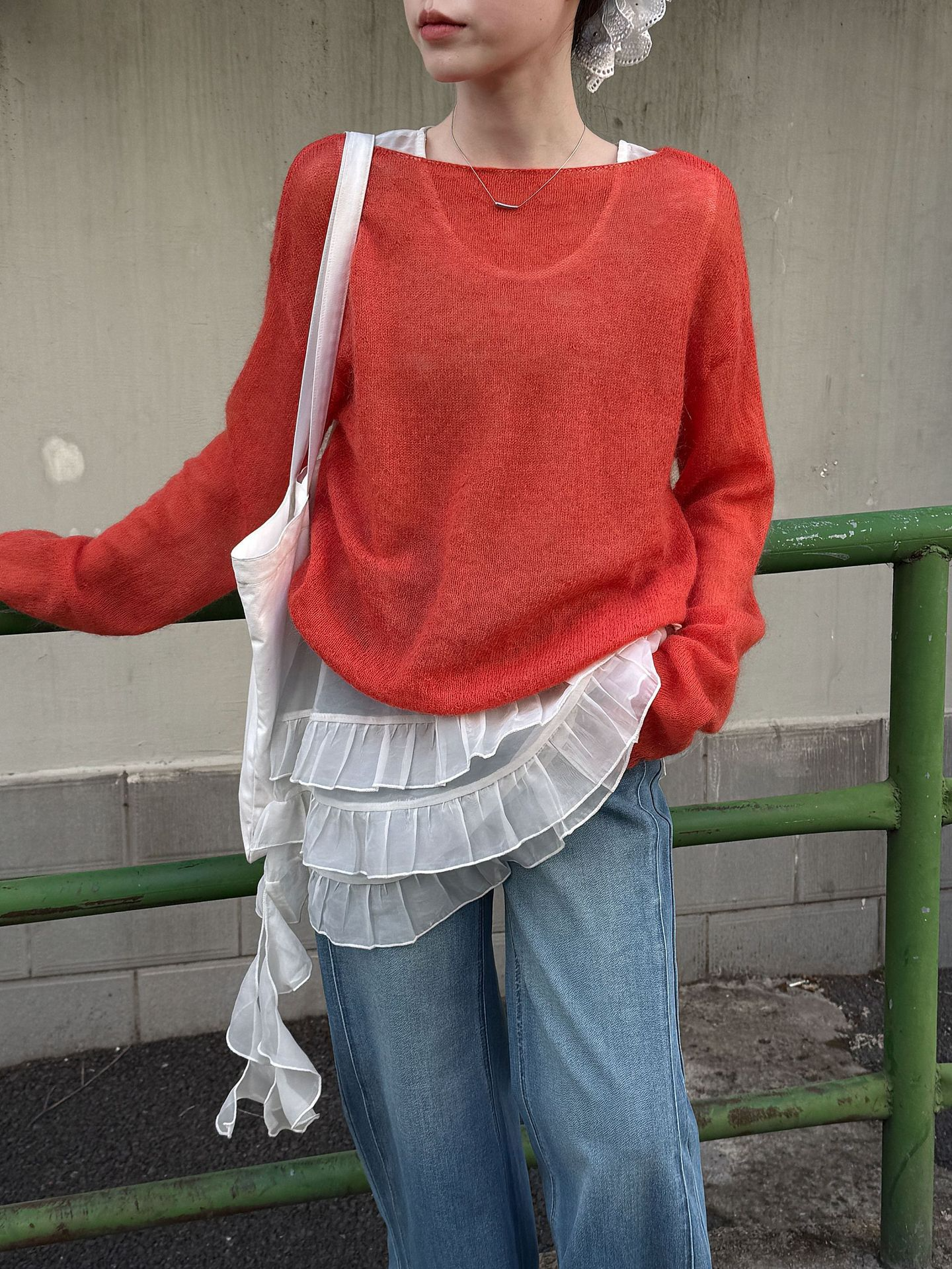 アシンメトリーフリルチュールレイヤードトップス