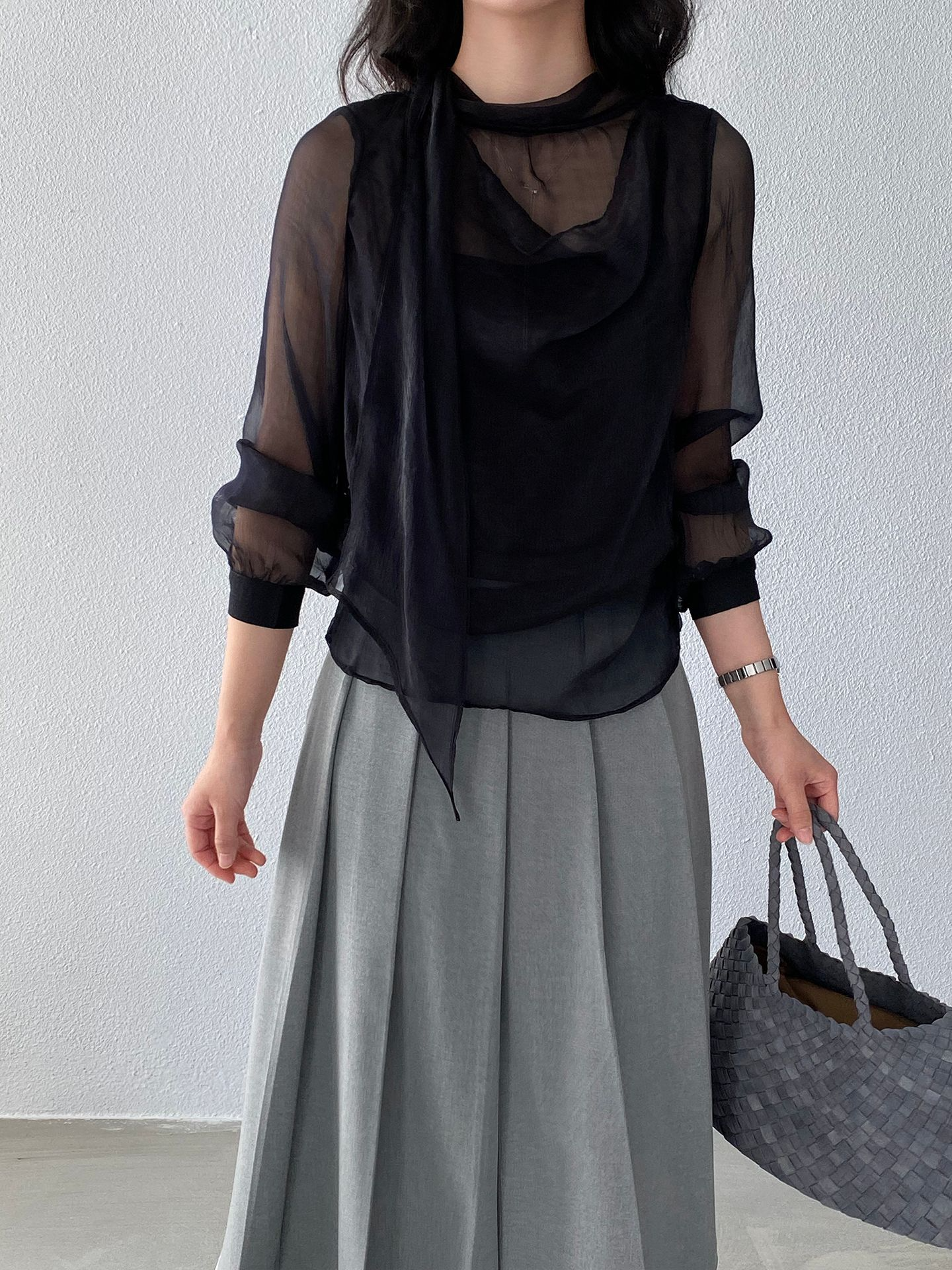 スカーフ付きウエストシャーリングシフォンブラウス