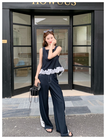 レースヘムバックリボントップス×サイドレースステッチデニムセットアップ
