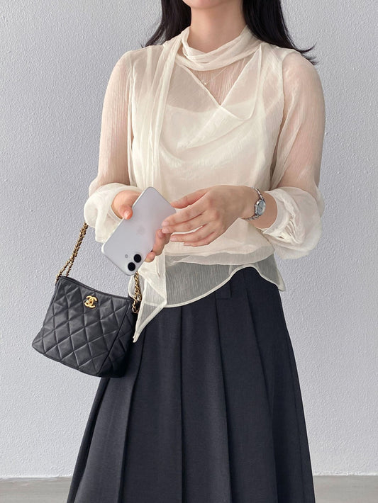 スカーフ付きウエストシャーリングシフォンブラウス