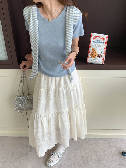 ボーダー柄ショール付き半袖ニット