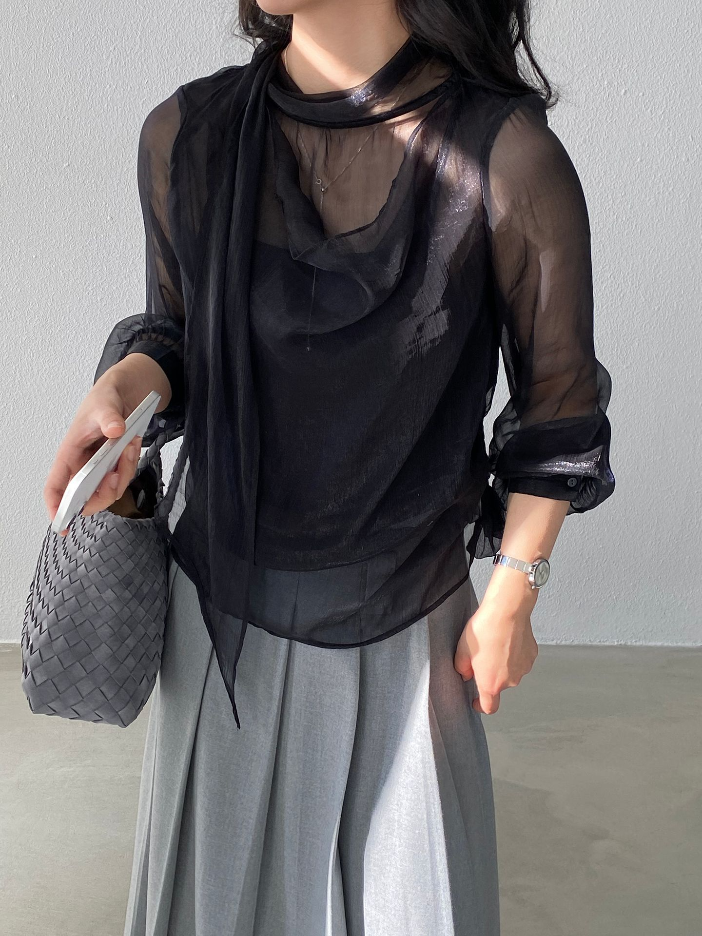 スカーフ付きウエストシャーリングシフォンブラウス