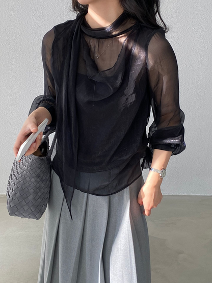 スカーフ付きウエストシャーリングシフォンブラウス