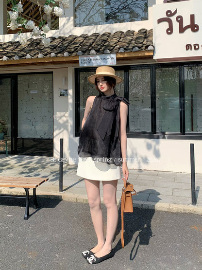 スタンドカラーリボンレースノースリブラウス