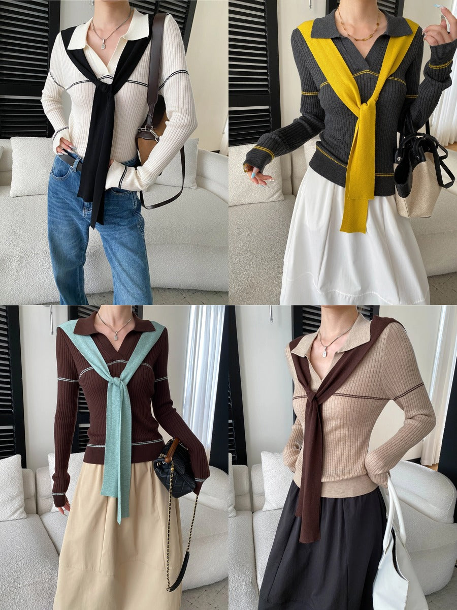 ショールレイヤードバイカラーポロニットトップス
