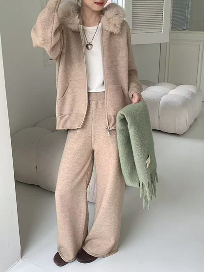 ファーフードジップニットセットアップ