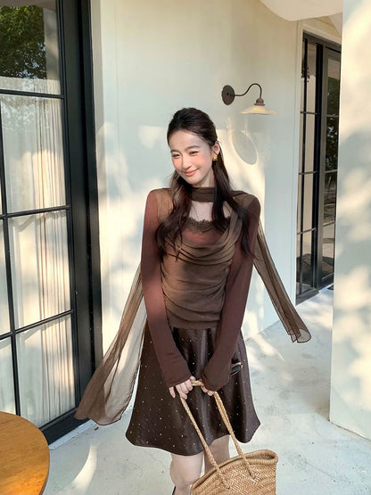 ロングタイ付シアードレープドッキングトップス
