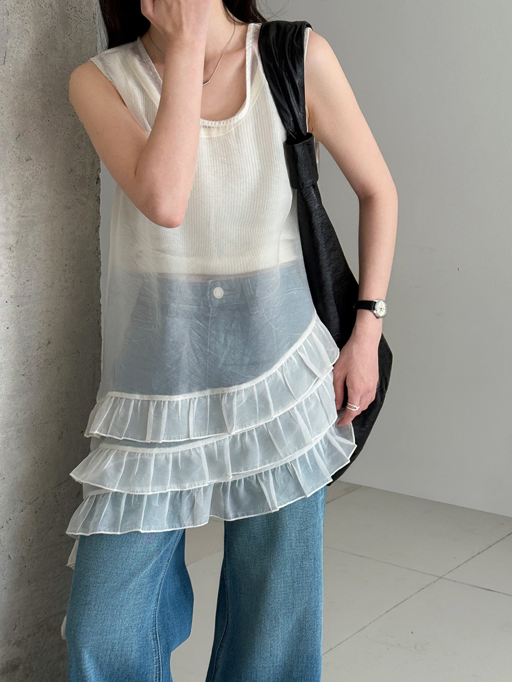 アシンメトリーフリルチュールレイヤードトップス