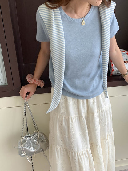 ボーダー柄ショール付き半袖ニット