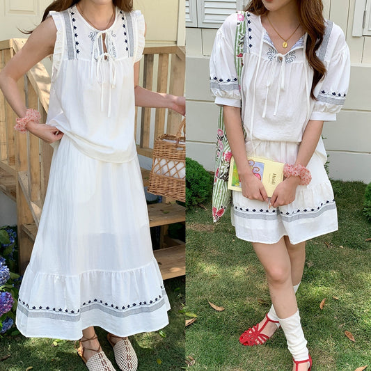 ボタニカル刺繍リボンブラウス×ティアードスカートセットアップ（袖タイプ／スカート丈選択可）