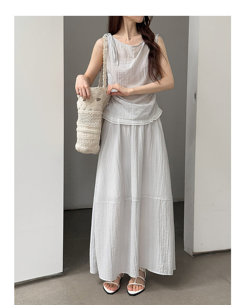 リボンショルダーシアーブラウス×フレアスカートセットアップ