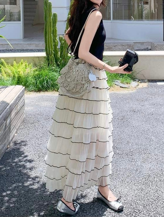 配色ティアードチュールドッキングワンピース
