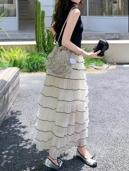 配色ティアードチュールドッキングワンピース